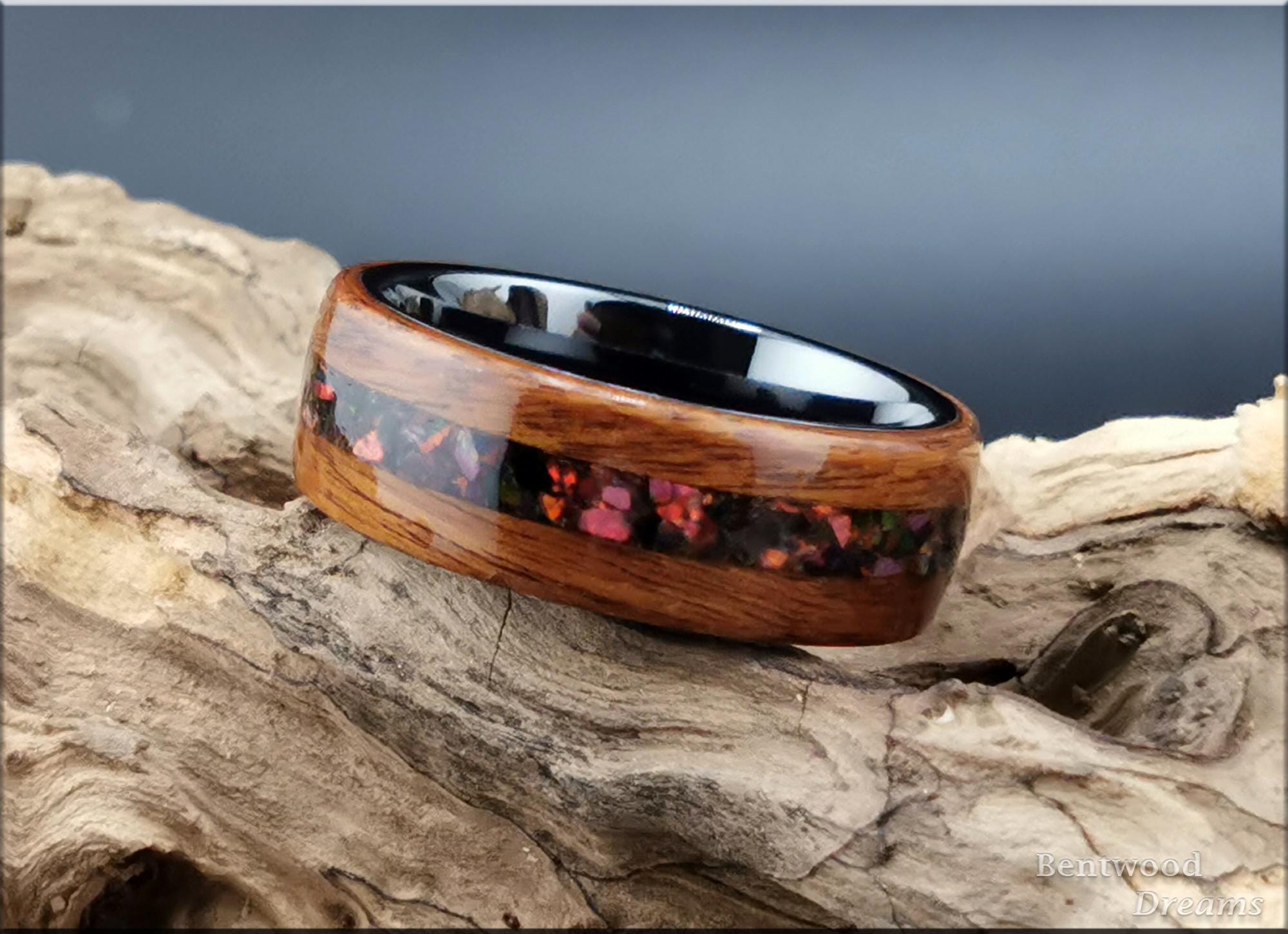 Bentwood Ring: Santos Rosewood, inlaid Cultured Opal blend, Black Ceramic core