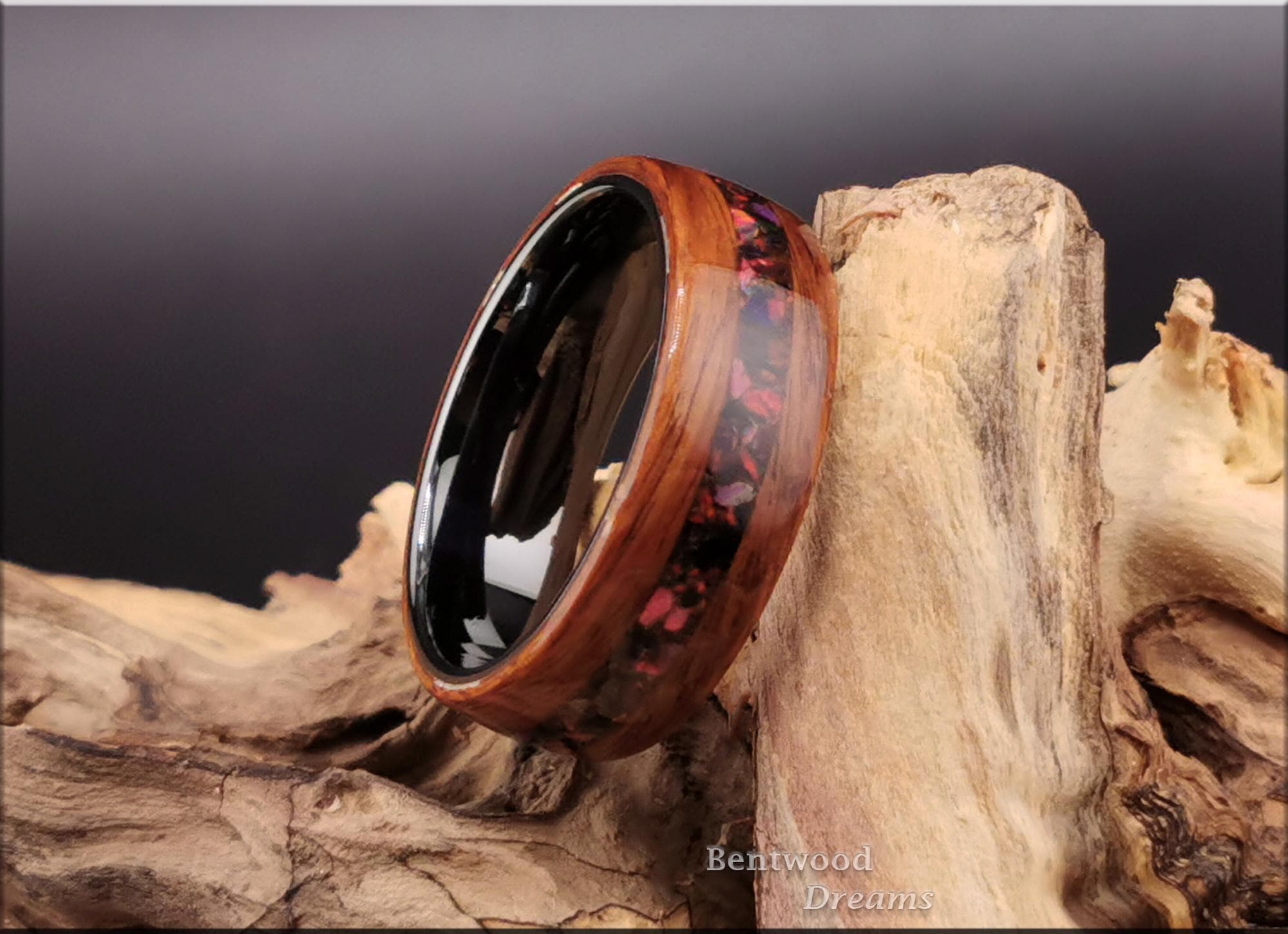 Bentwood Ring: Santos Rosewood, inlaid Cultured Opal blend, Black Ceramic core