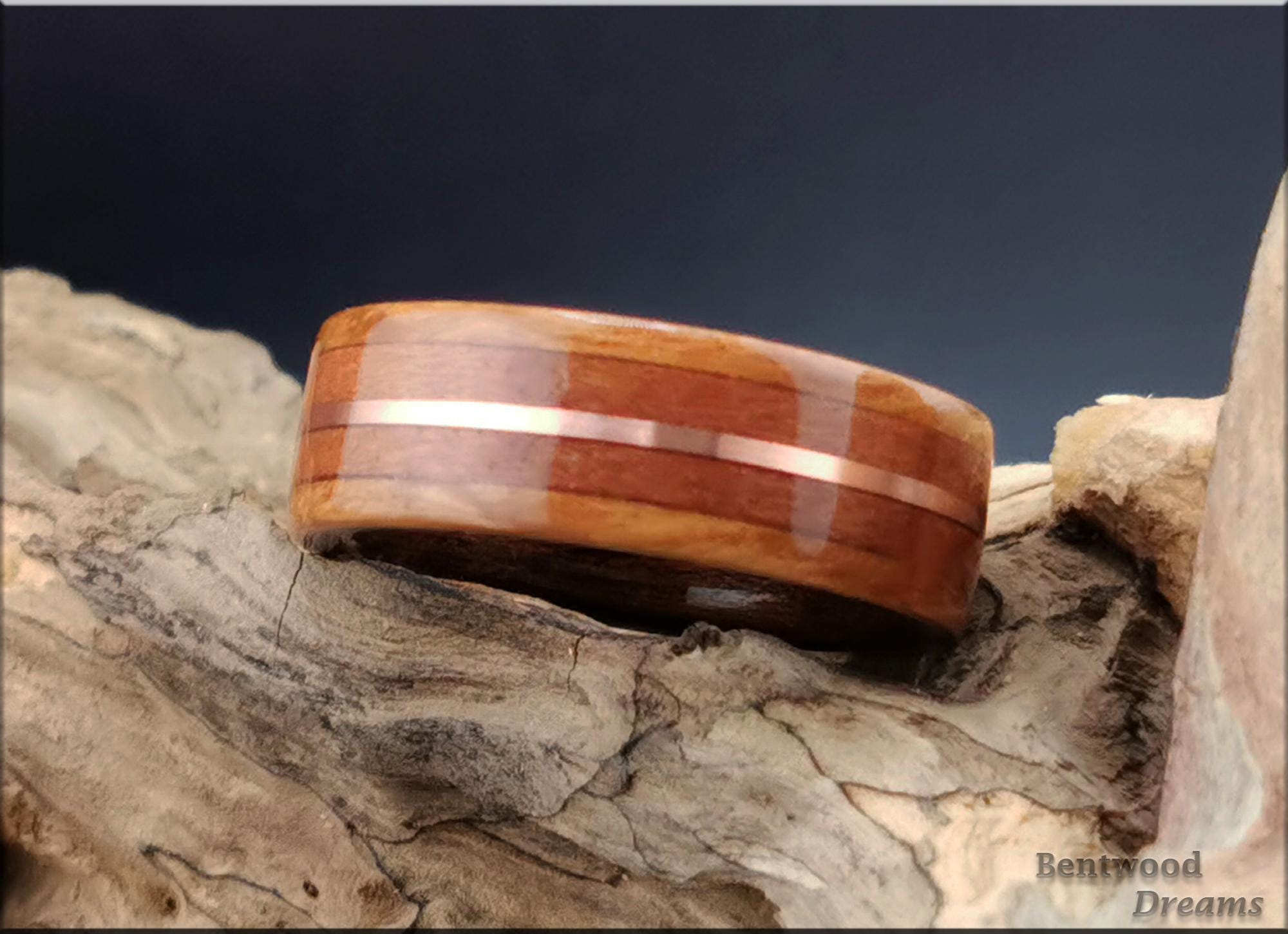 Bentwood Ring: Eucalyptus Burl, inlaid Plum Wood and Copper Wire, Smoked Etimoe core
