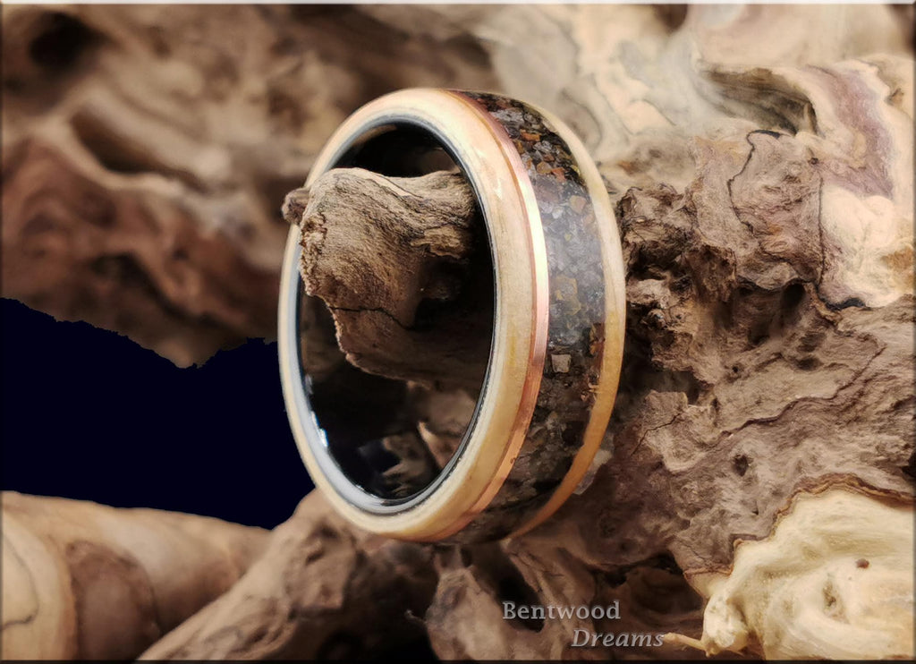 Bentwood Ring: Rare Birdseye Pine, Allosaurus Bone and Copper Wire, Ceramic Core