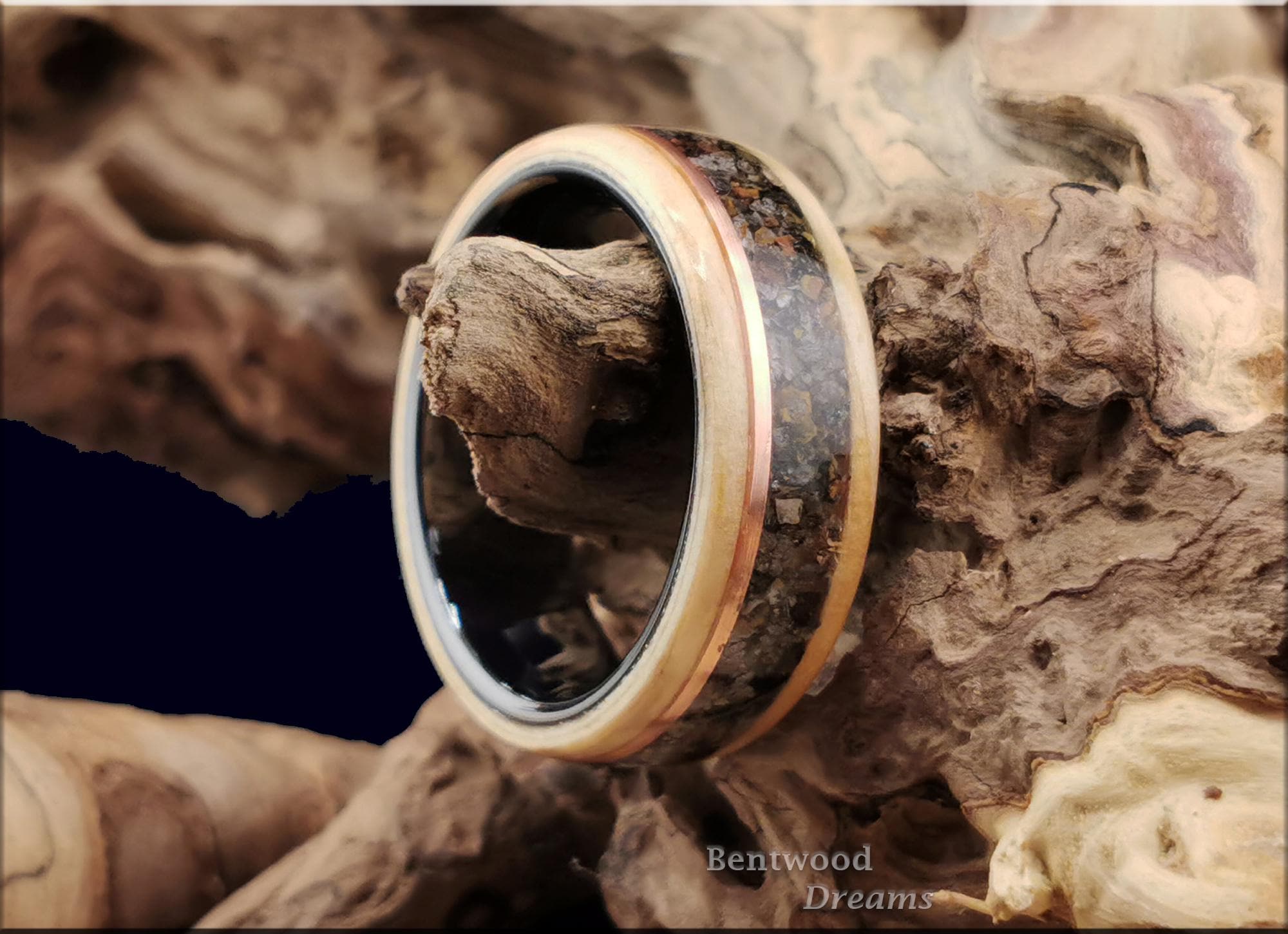 Bentwood Ring: Rare Birdseye Pine, Allosaurus Bone and Copper Wire, Ceramic Core
