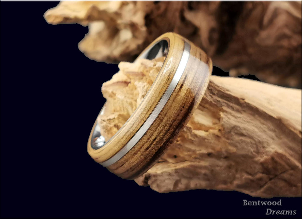 Bentwood Ring: Black Limba, offset inlaid Sterling Silver, Polished White Tungsten core