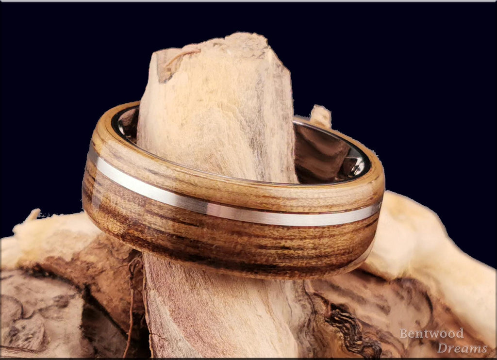 Bentwood Ring: Black Limba, offset inlaid Sterling Silver, Polished White Tungsten core
