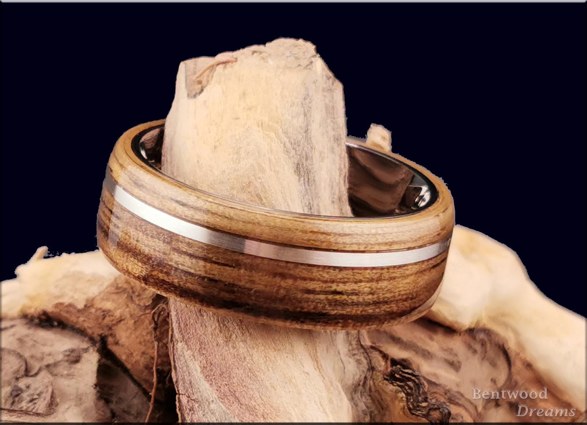 Bentwood Ring: Black Limba, offset inlaid Sterling Silver, Polished White Tungsten core