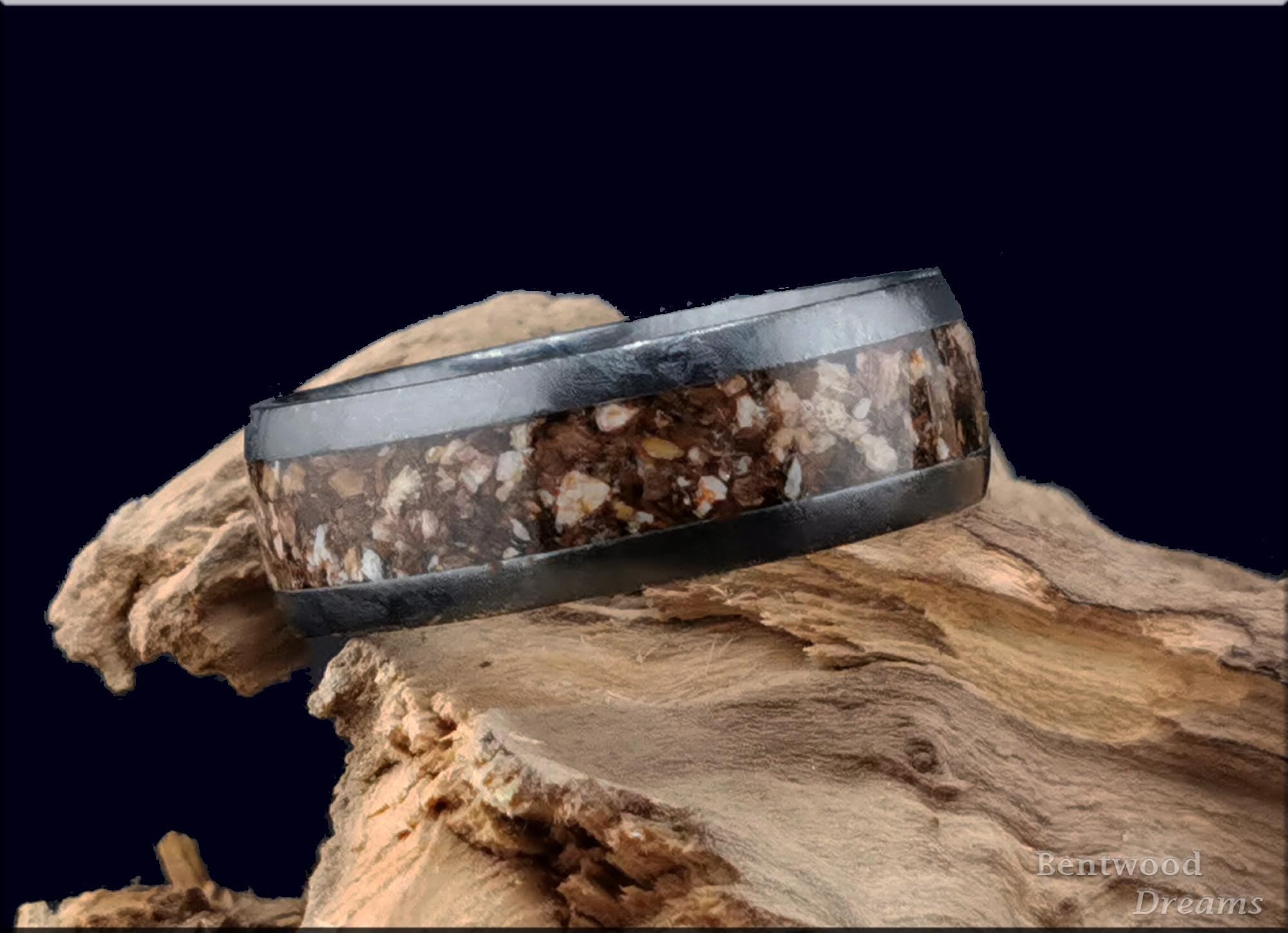 Crystalized Black Zirconium Ring, inlaid dual Fossilised Dinosaur Bone, Quick Ship