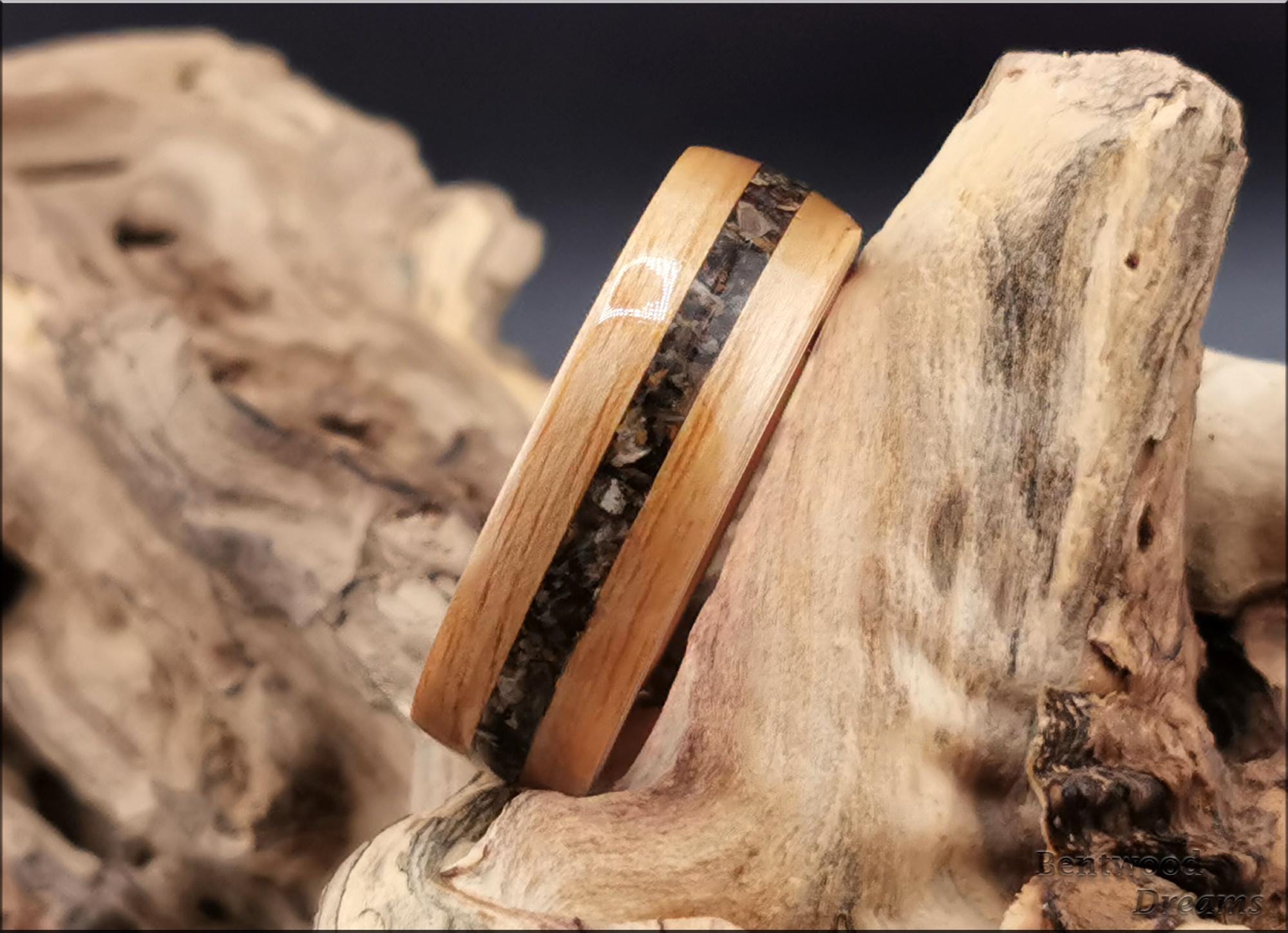 Bentwood Ring: Rustic Chestnut, inlaid Allosaurus Bone, Polished Copper core, Quick Ship