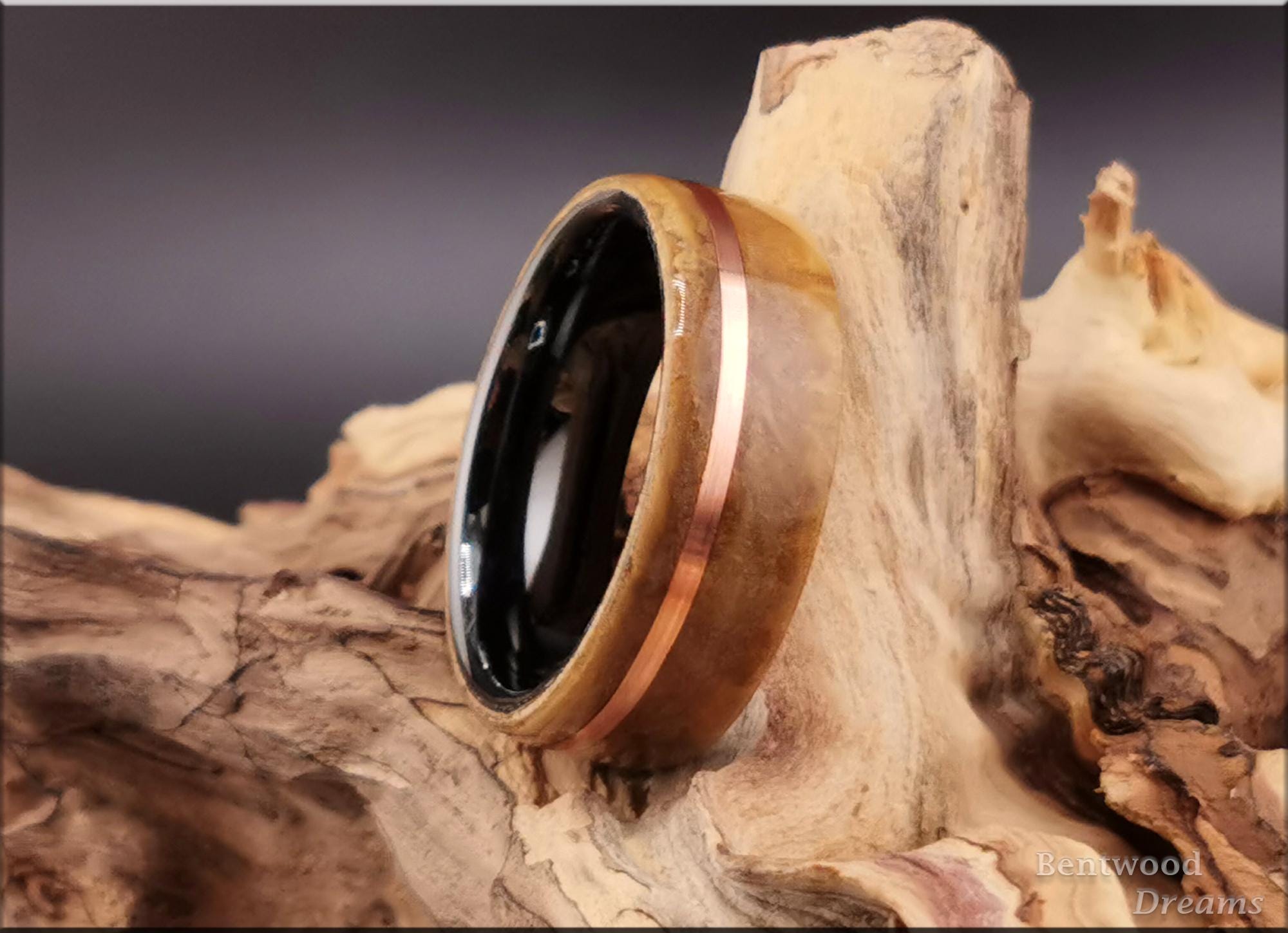 Bentwood Ring: Laurel Burl, offset inlaid Copper Wire, Polished Black Ceramic core, wood ring