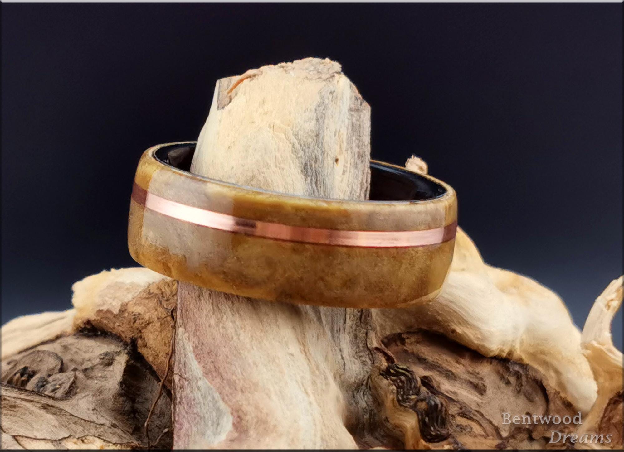 Bentwood Ring: Laurel Burl, offset inlaid Copper Wire, Polished Black Ceramic core, wood ring
