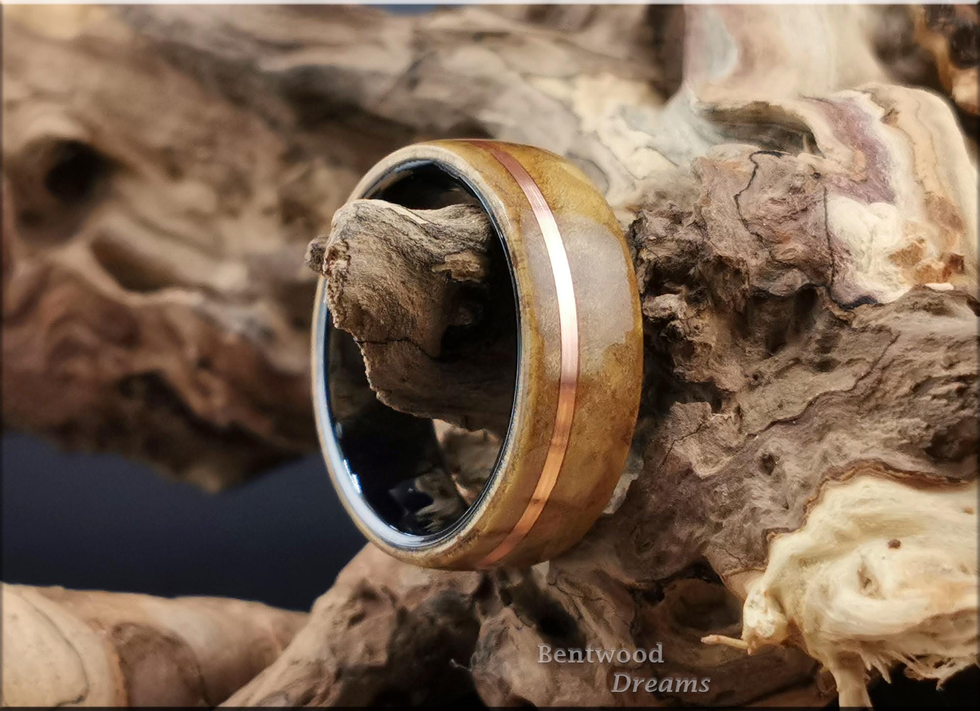Bentwood Ring: Laurel Burl, offset inlaid Copper Wire, Polished Black Ceramic core, wood ring