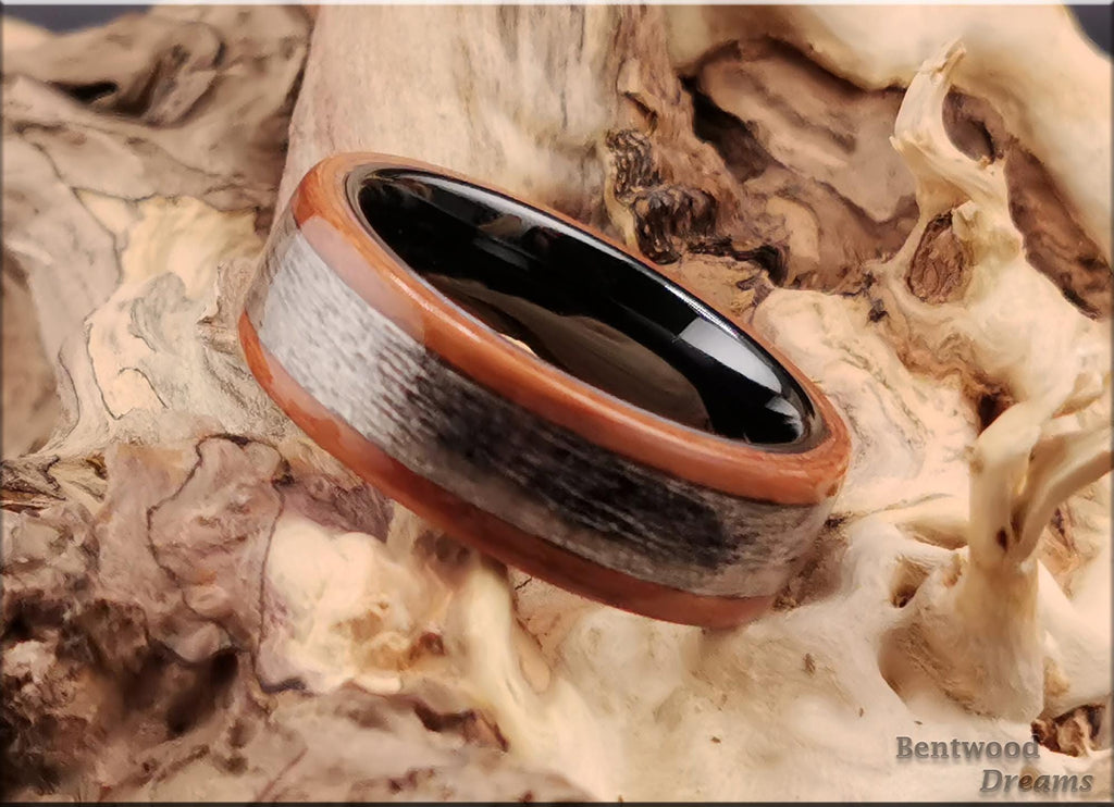 Bentwood Ring: Plumwood, inlaid Harborica, Black Ceramic core, wood ring