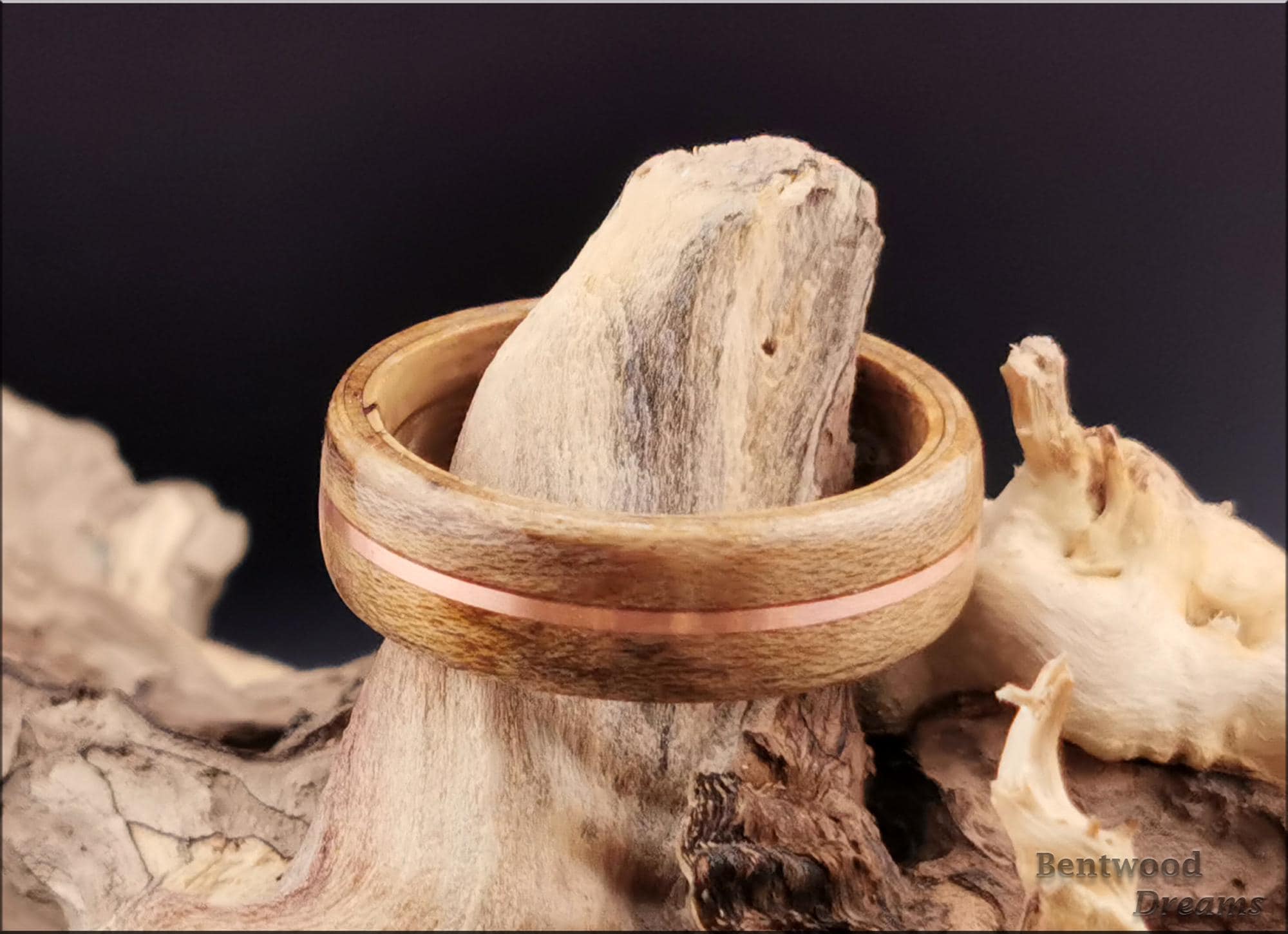 Spalted Maple Bentwood Ring, inlaid Copper Wire, Whisky Barrel core, wood ring