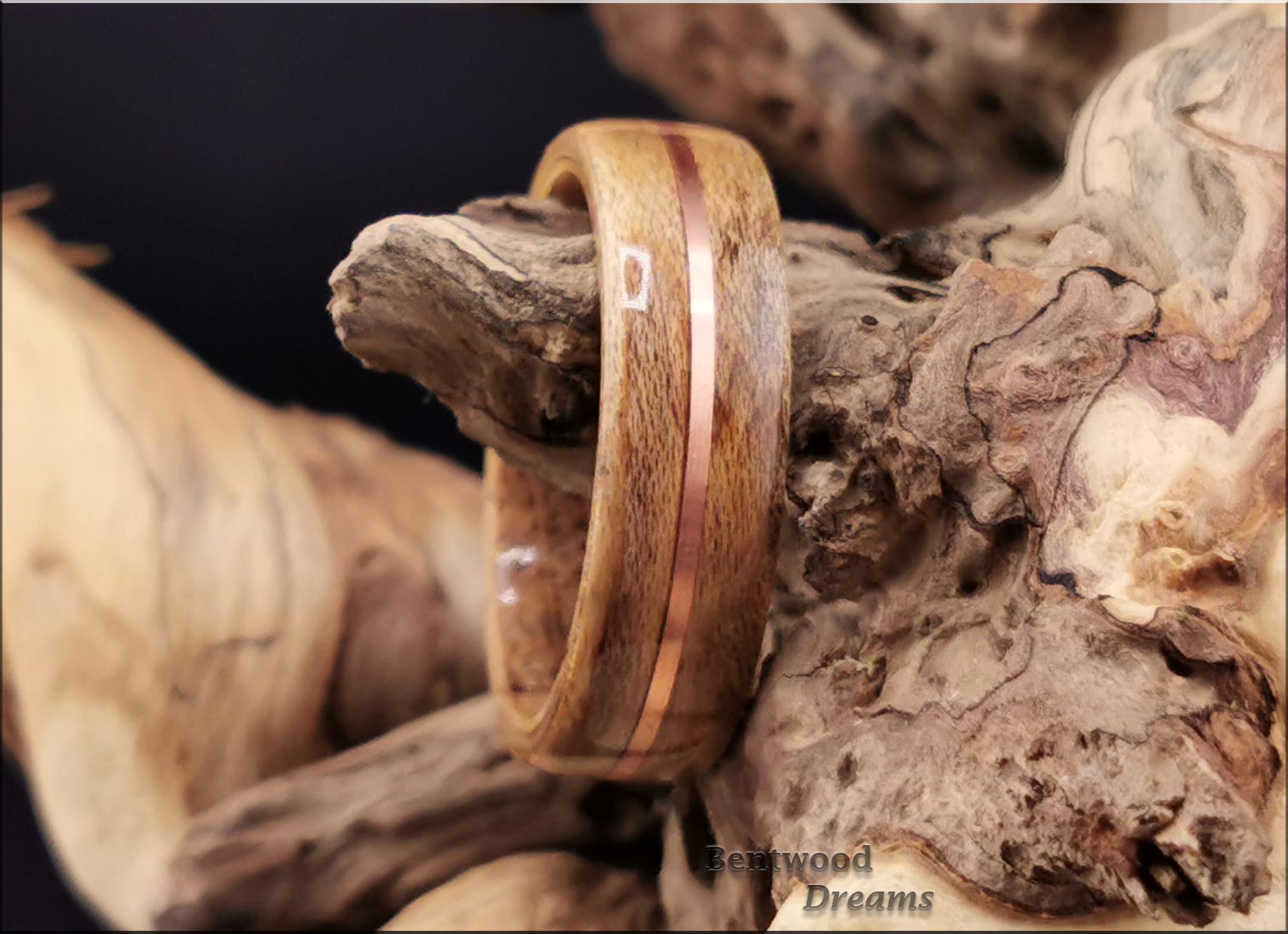 Spalted Maple Bentwood Ring, inlaid Copper Wire, Whisky Barrel core, wood ring