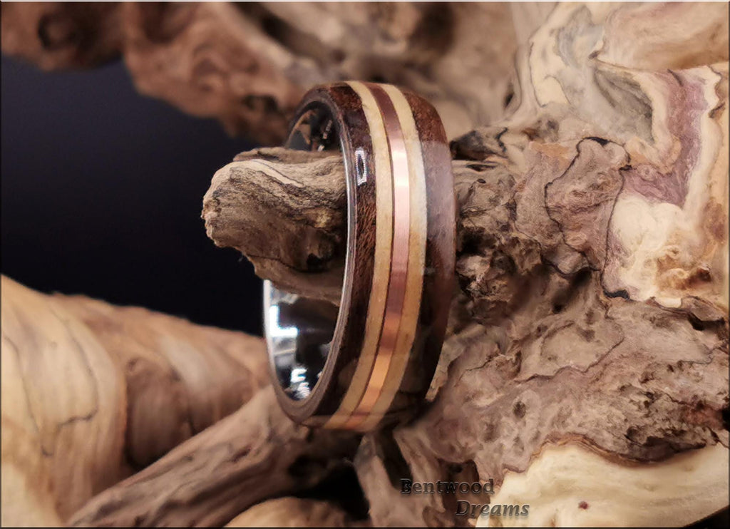 Bentwood Ring: Claro Walnut Burl, Birdseye Pine and Copper Wire, Polished Titanium core