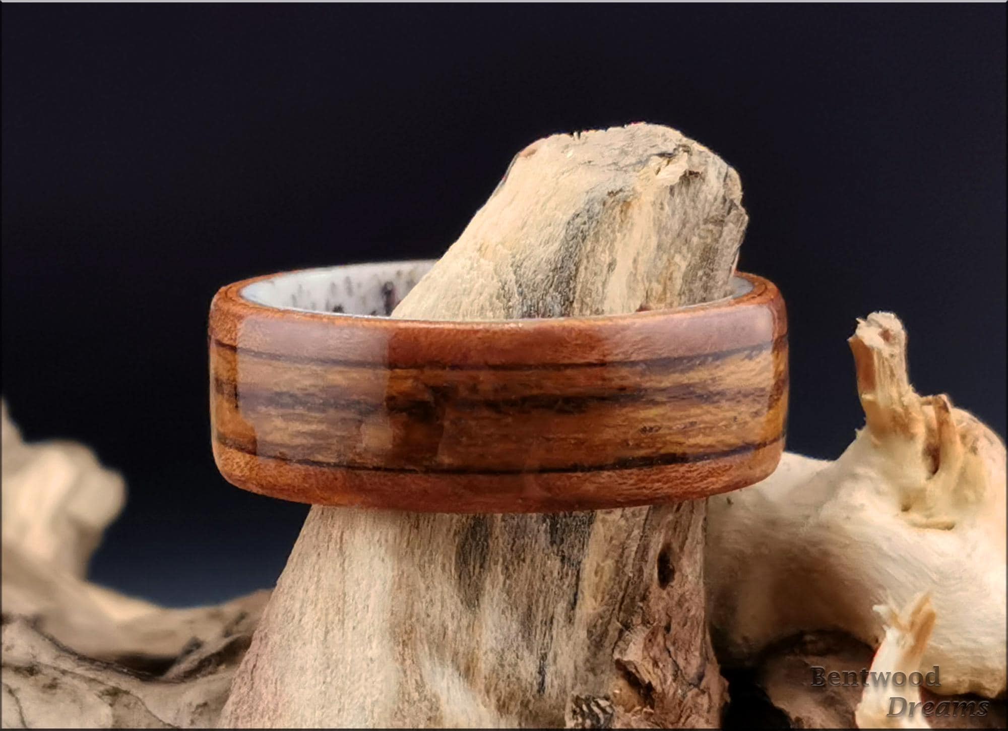 Bentwood Ring: Arbutus Burl, inlaid Teak wood, Deer Antler core