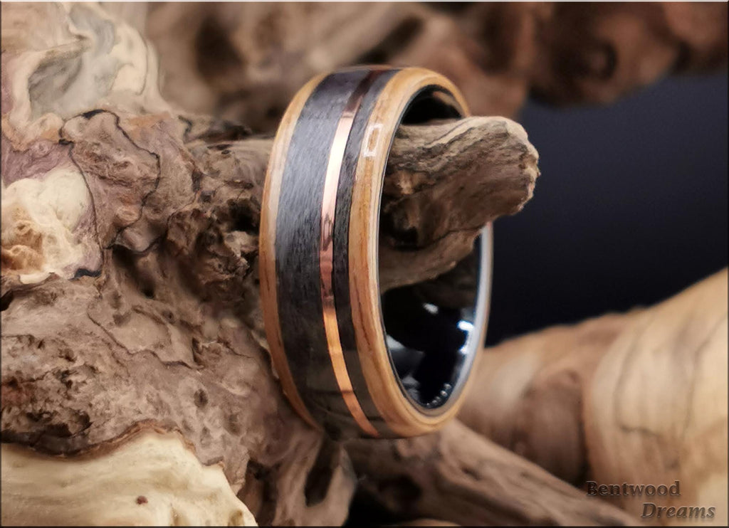 Bentwood Ring: Rustic Chestnut, Grey Maple and offset Copper Wire, Black Ceramic core
