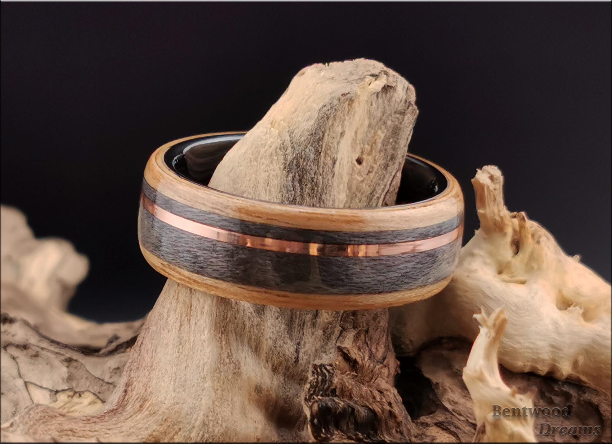Bentwood Ring: Rustic Chestnut, Grey Maple and offset Copper Wire, Black Ceramic core