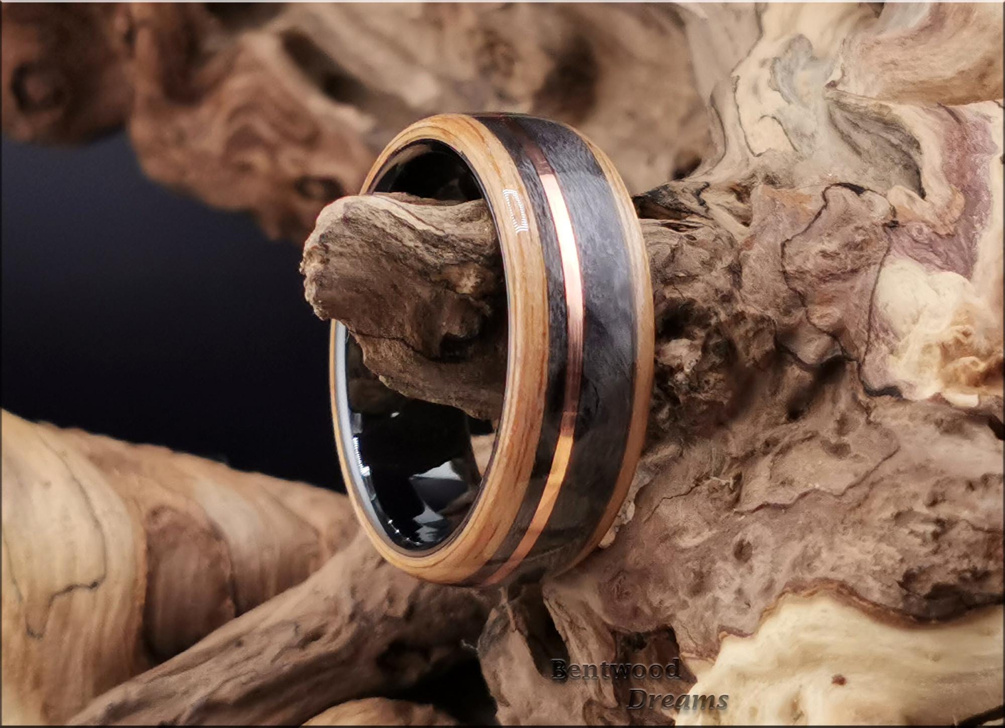 Bentwood Ring: Rustic Chestnut, Grey Maple and offset Copper Wire, Black Ceramic core