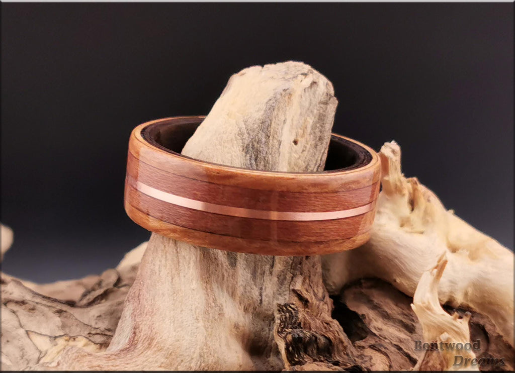Bentwood Ring: Eucalyptus Burl, inlaid Plum Wood and Copper Wire, Smoked Etimoe core