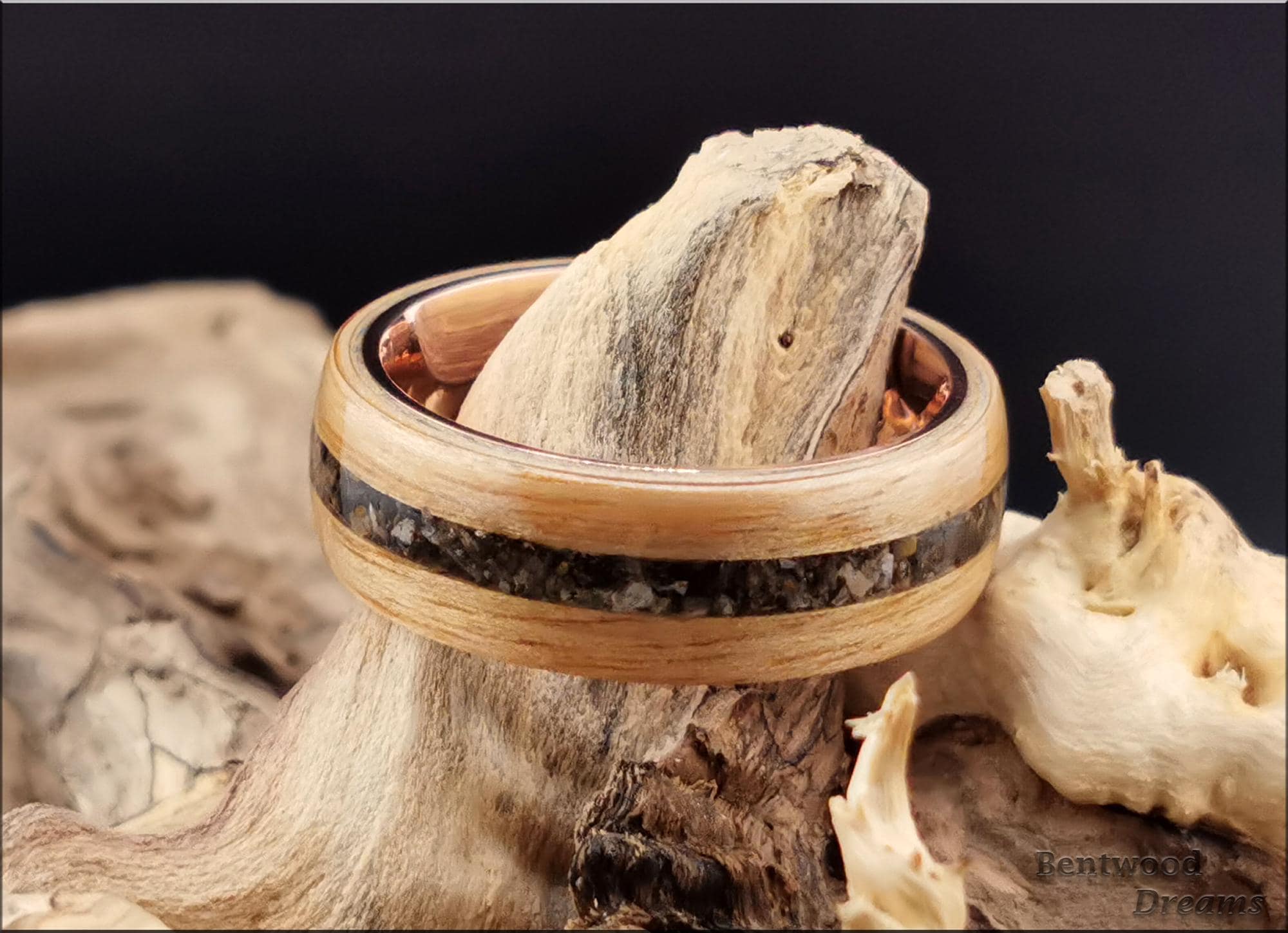 Bentwood Ring: Rustic Chestnut, inlaid Allosaurus Bone, Polished Copper core, wood ring