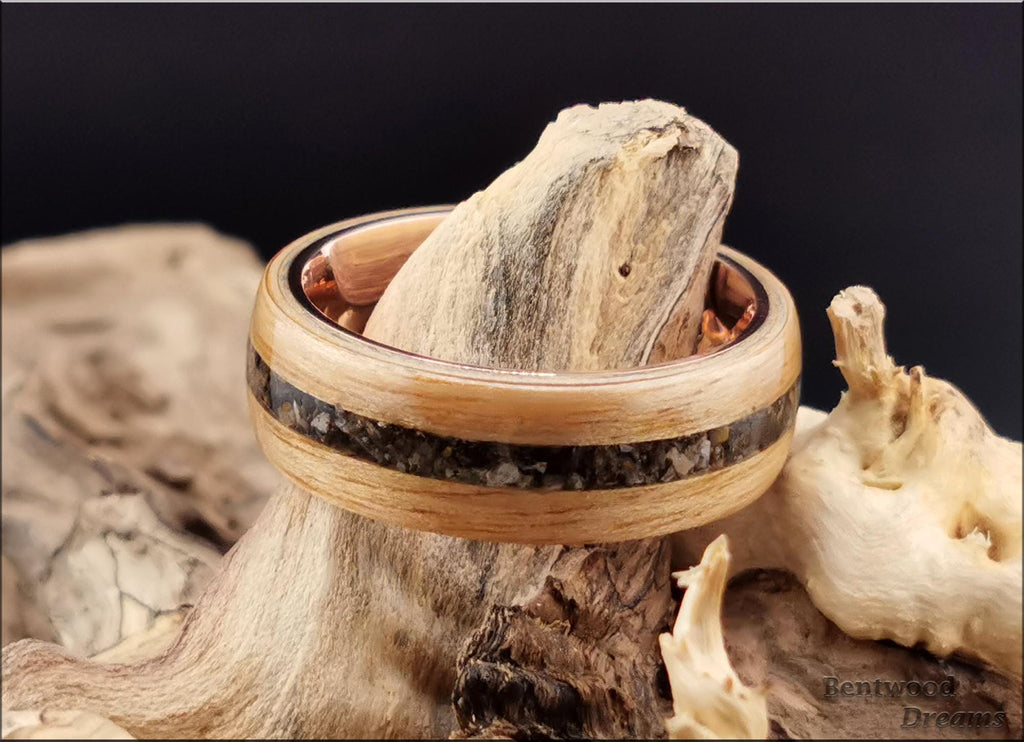 Bentwood Ring: Rustic Chestnut, inlaid Allosaurus Bone, Polished Copper core, Quick Ship