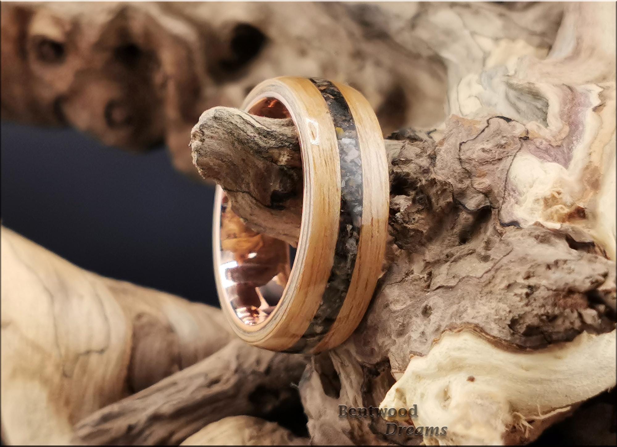 Bentwood Ring: Rustic Chestnut, inlaid Allosaurus Bone, Polished Copper core, Quick Ship