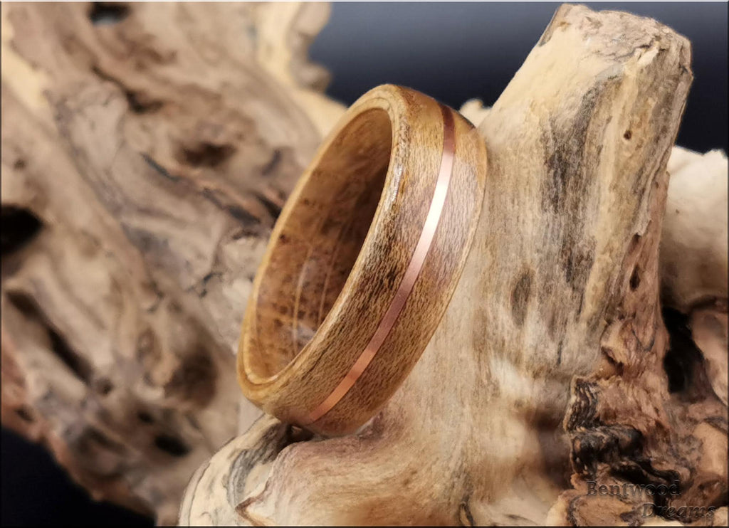 Spalted Maple Bentwood Ring, inlaid Copper Wire, Whisky Barrel core, wood ring