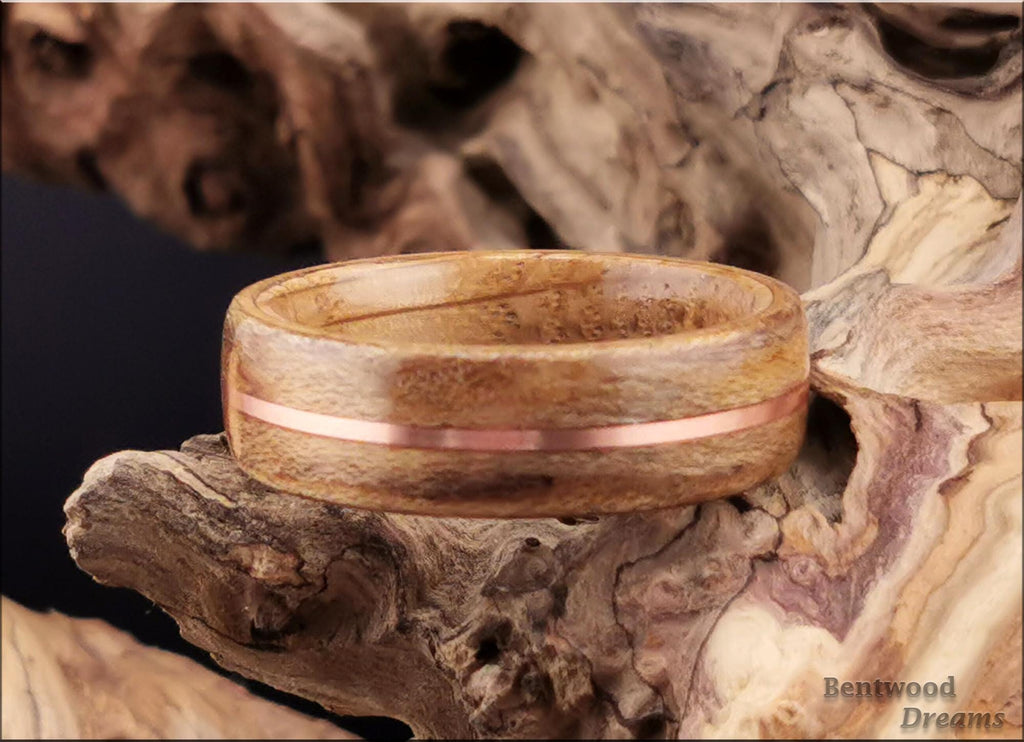 Spalted Maple Bentwood Ring, inlaid Copper Wire, Whisky Barrel core, wood ring