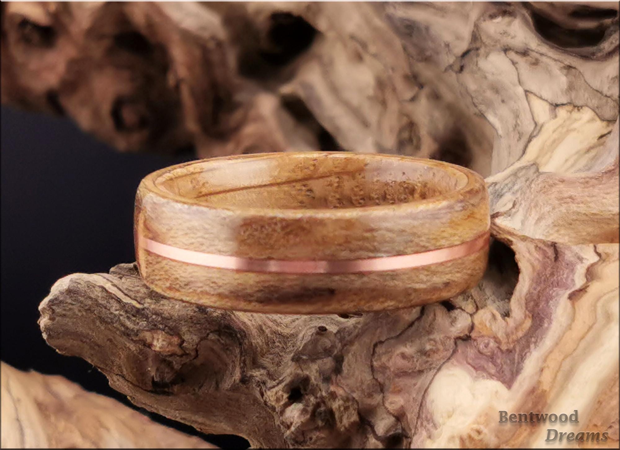 Spalted Maple Bentwood Ring, inlaid Copper Wire, Whisky Barrel core, wood ring