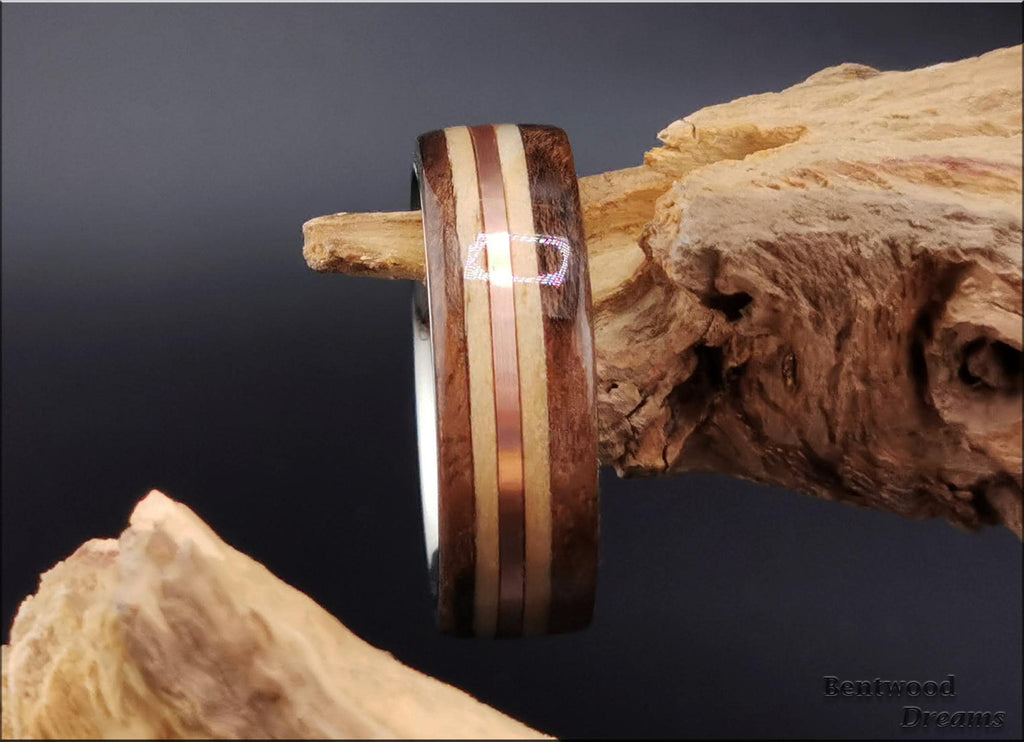 Bentwood Ring: Claro Walnut Burl, Birdseye Pine and Copper Wire, Polished Titanium core