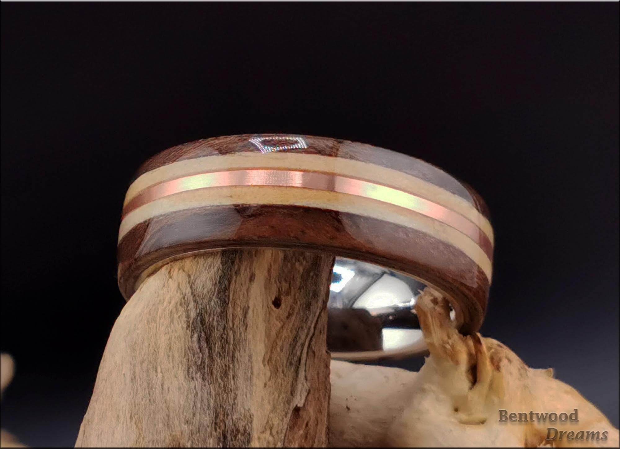 Bentwood Ring: Claro Walnut Burl, Birdseye Pine and Copper Wire, Polished Titanium core