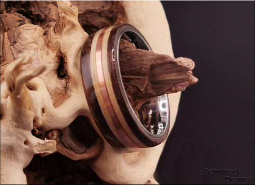 Bentwood Ring: Claro Walnut Burl, Birdseye Pine and Copper Wire, Polished Titanium core