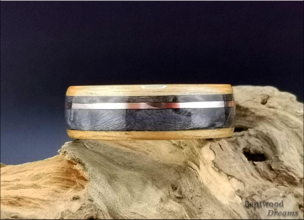 Bentwood Ring: Rustic Chestnut, Grey Maple and offset Copper Wire, Black Ceramic core