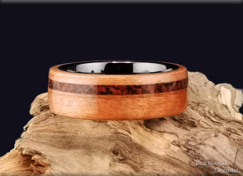 Bentwood Ring: Figured Cherry, offset inlaid Mahogany Obsidian, Polished Black Ceramic core, wood ring