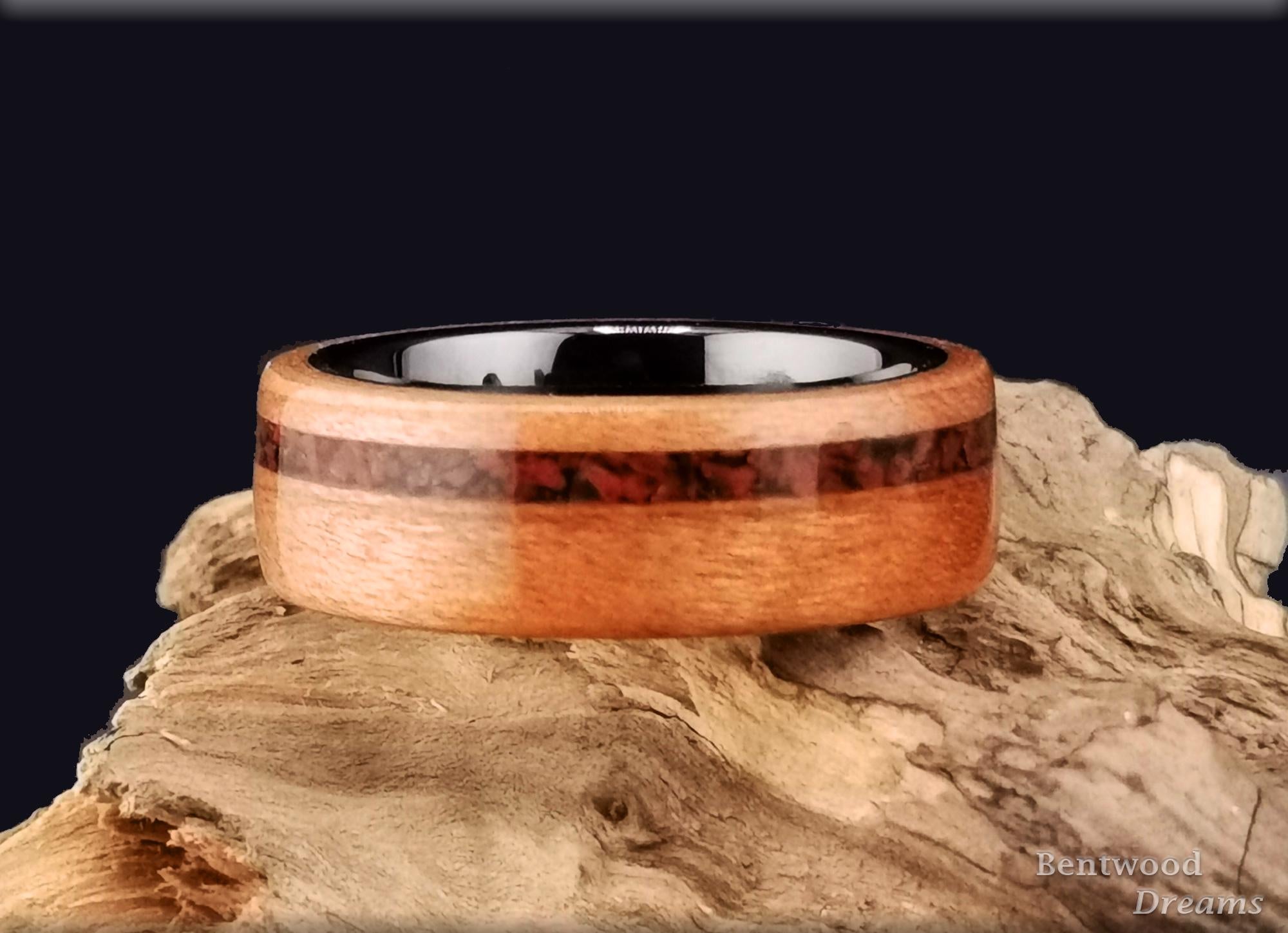 Bentwood Ring: Figured Cherry, offset inlaid Mahogany Obsidian, Polished Black Ceramic core, wood ring