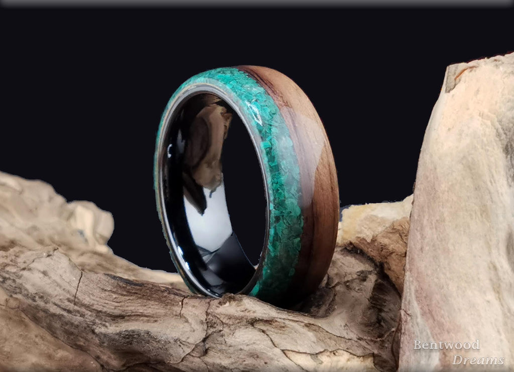 Bentwood Ring: Black Walnut, live edge inlaid Malachite, polished Black Ceramic core, wood ring