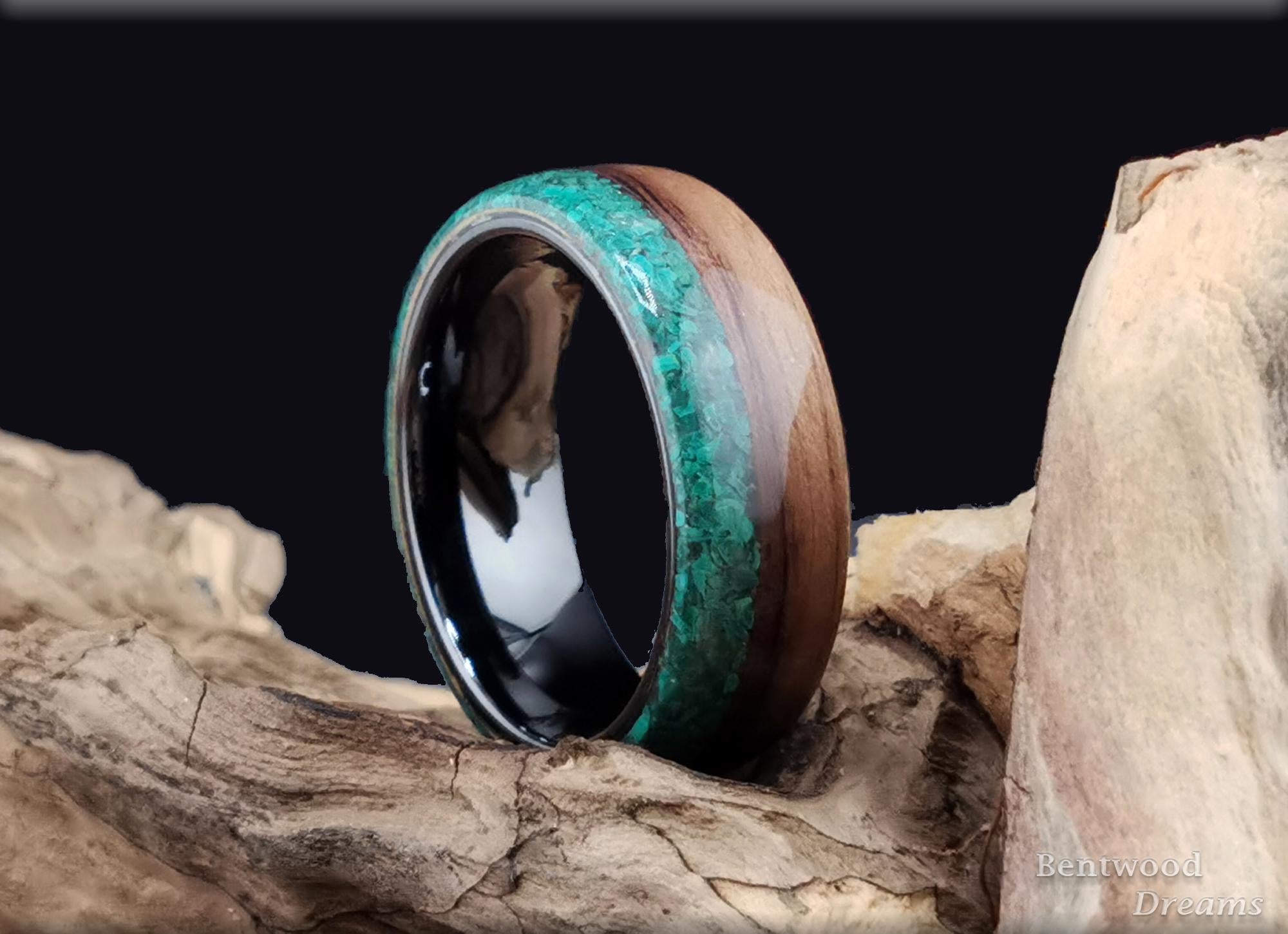 Bentwood Ring: Black Walnut, live edge inlaid Malachite, polished Black Ceramic core, wood ring