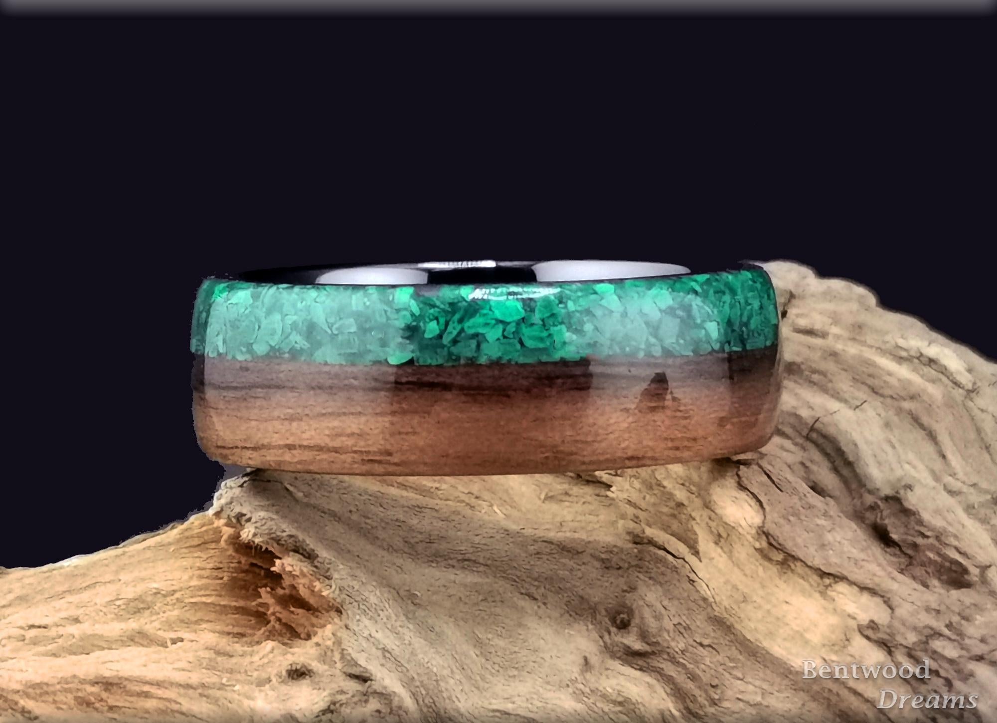 Bentwood Ring: Black Walnut, live edge inlaid Malachite, polished Black Ceramic core, wood ring