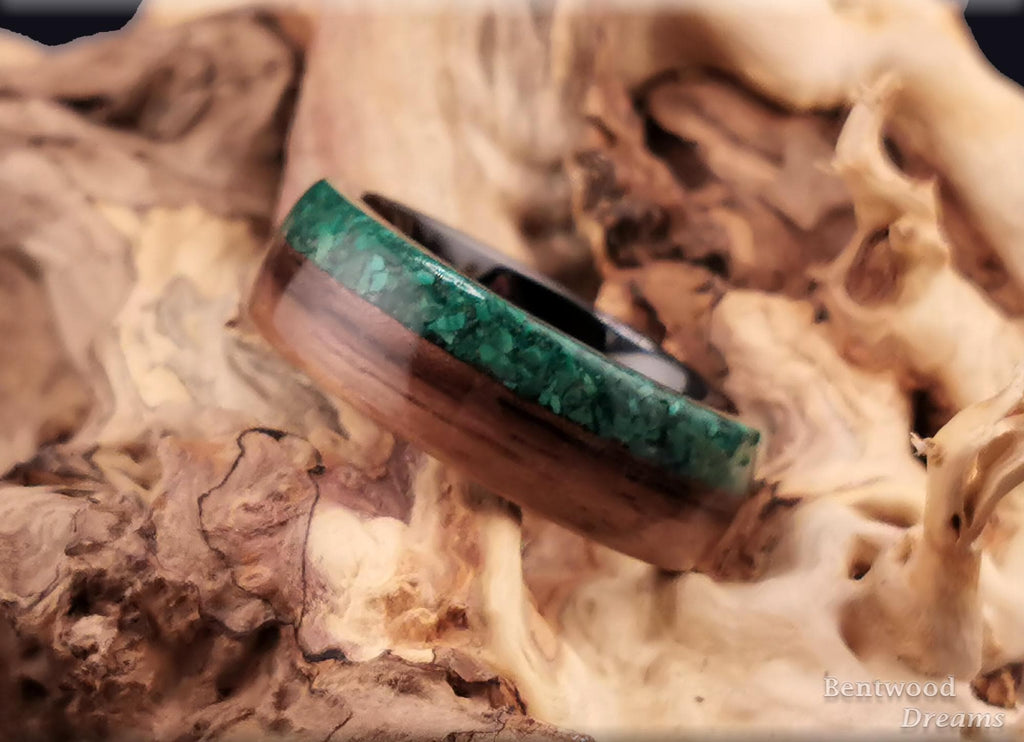Bentwood Ring: Black Walnut, live edge inlaid Malachite, polished Black Ceramic core, wood ring