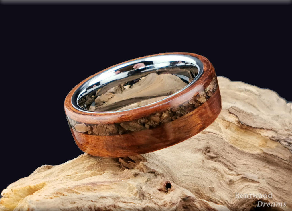 Bentwood Ring: Goncalo Alves, Velociraptor Bone, Polished Tungsten Carbide core