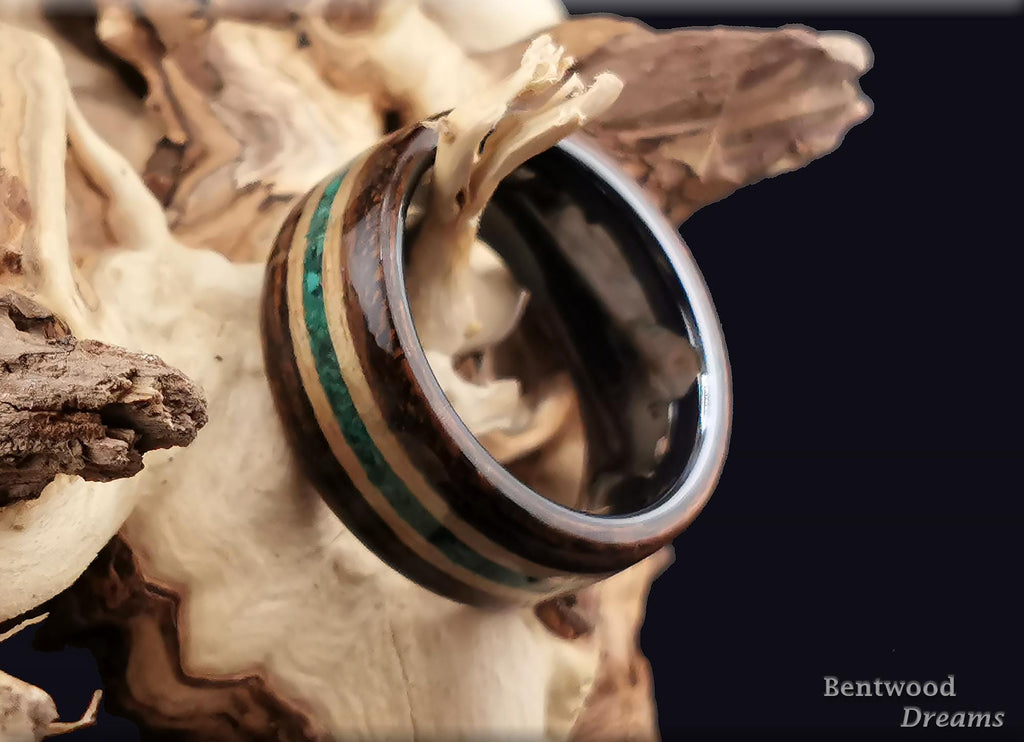 Bentwood Ring: Bocote, inlaid Chestnut and Green Malachite, Black Ceramic core