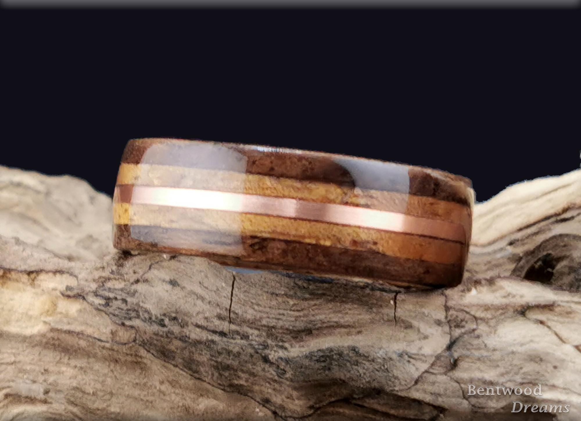 Bentwood Ring: Claro Walnut Burl, inlaid Koa and Copper Wire, Whisky Barrel core