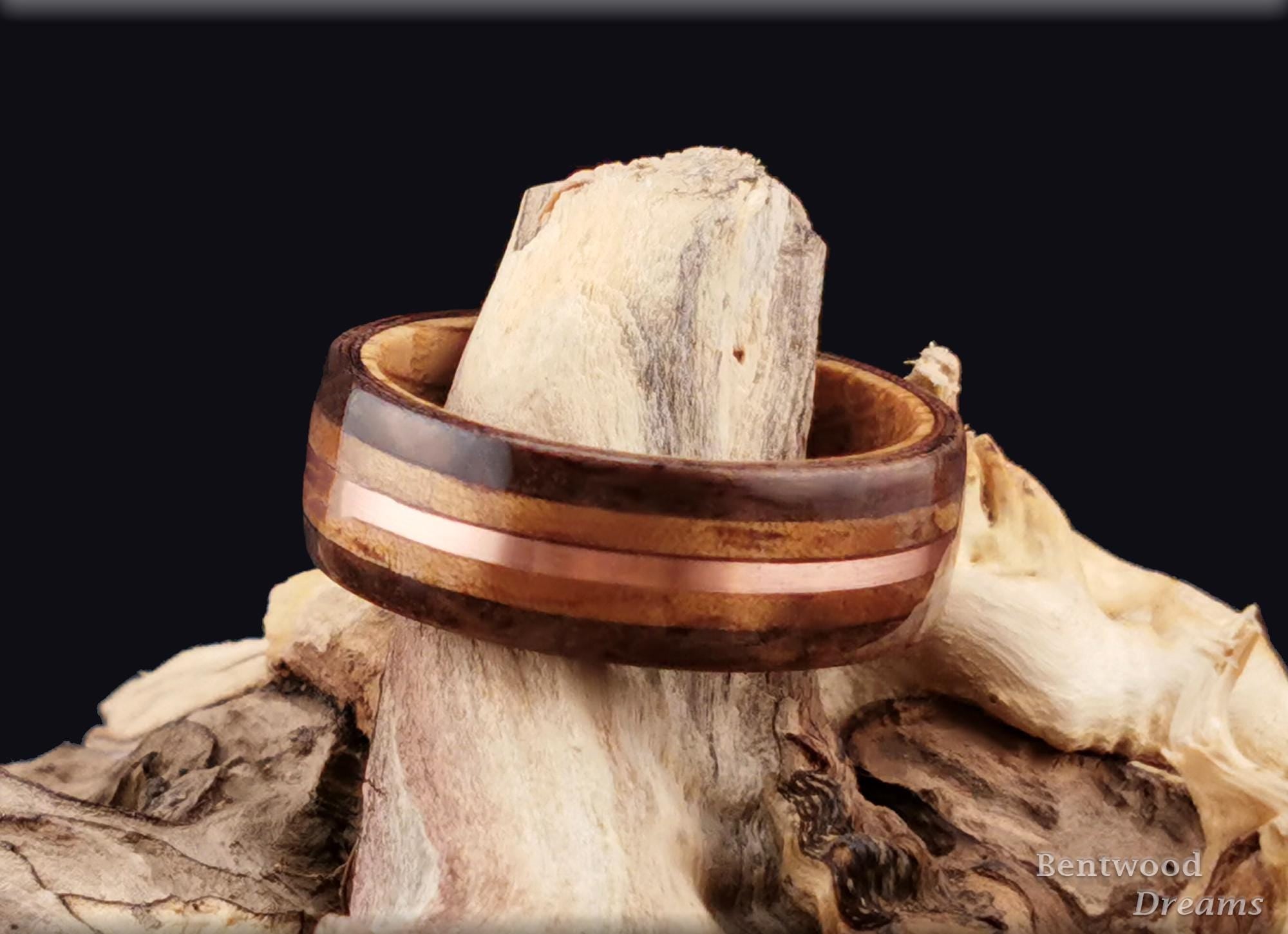 Bentwood Ring: Claro Walnut Burl, inlaid Koa and Copper Wire, Whisky Barrel core