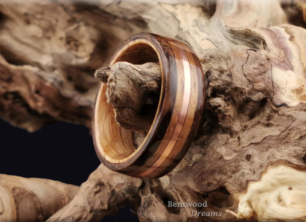 Bentwood Ring: Claro Walnut Burl, inlaid Koa and Copper Wire, Whisky Barrel core