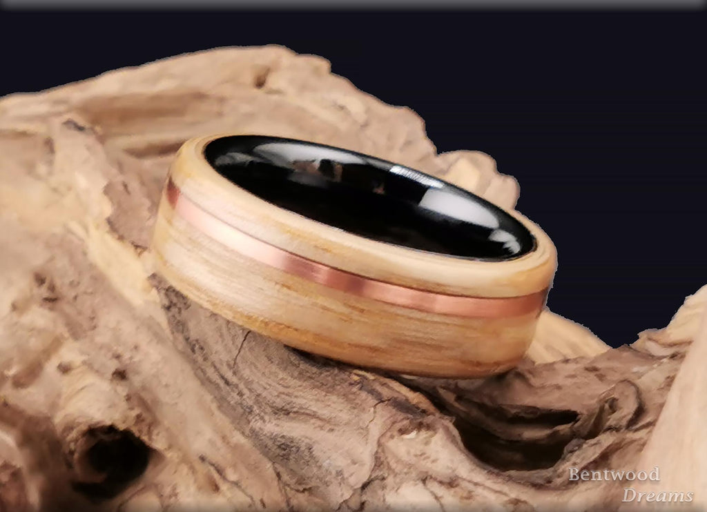 Bentwood Ring: Olive Ash, offset inlaid Copper Wire, polished Black Ceramic core