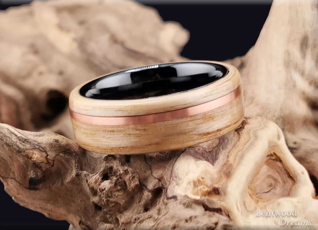 Bentwood Ring: Olive Ash, offset inlaid Copper Wire, polished Black Ceramic core