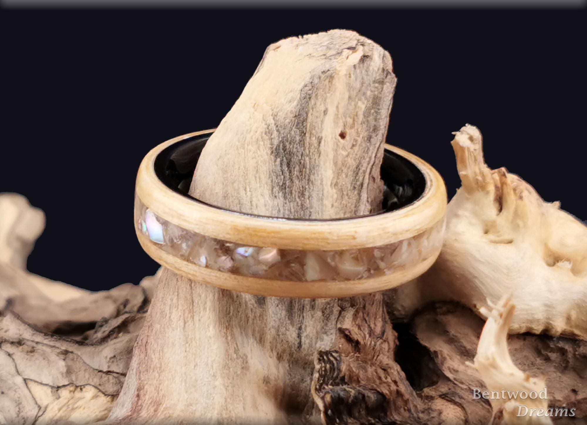 Bentwood Ring: Swiss Aspen, inlaid Silver Abalone, Polished Black Ceramic core