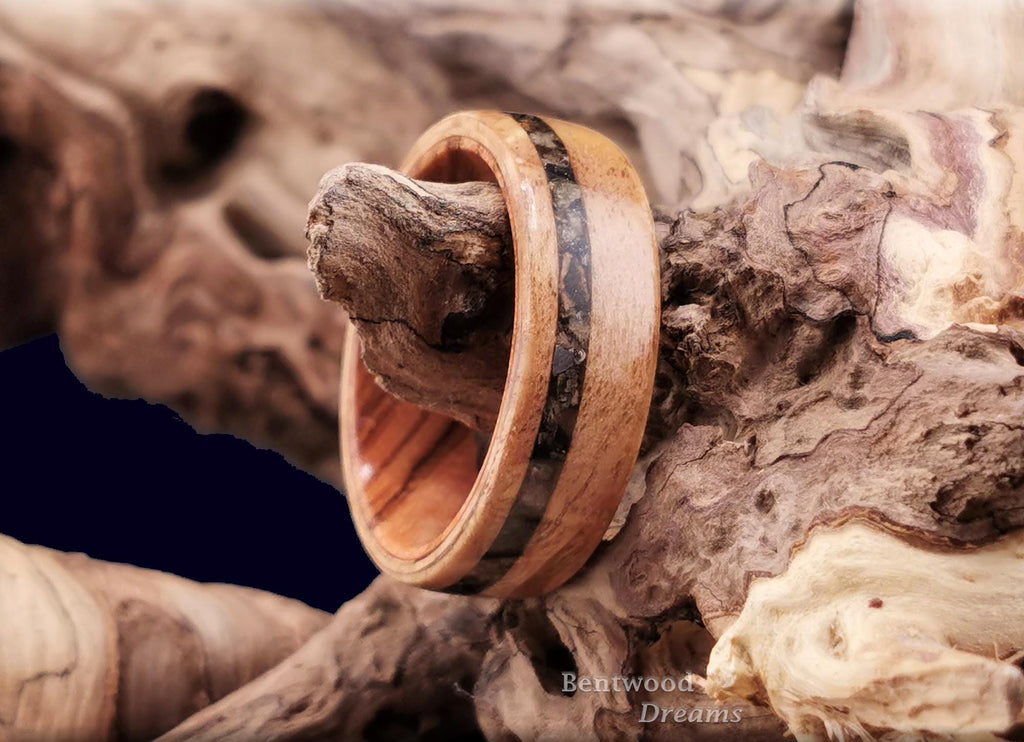 Bentwood Ring: Rare Myrtle Burl, offset inlaid Impactite, Olivewood core, Quick Ship