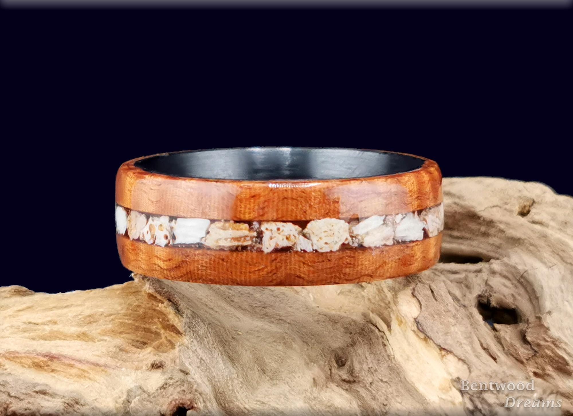 Bentwood Ring: Fiddleback Kotibe, inlaid Plesiosaurus Bone, Carbon Fiber core, Quick Ship