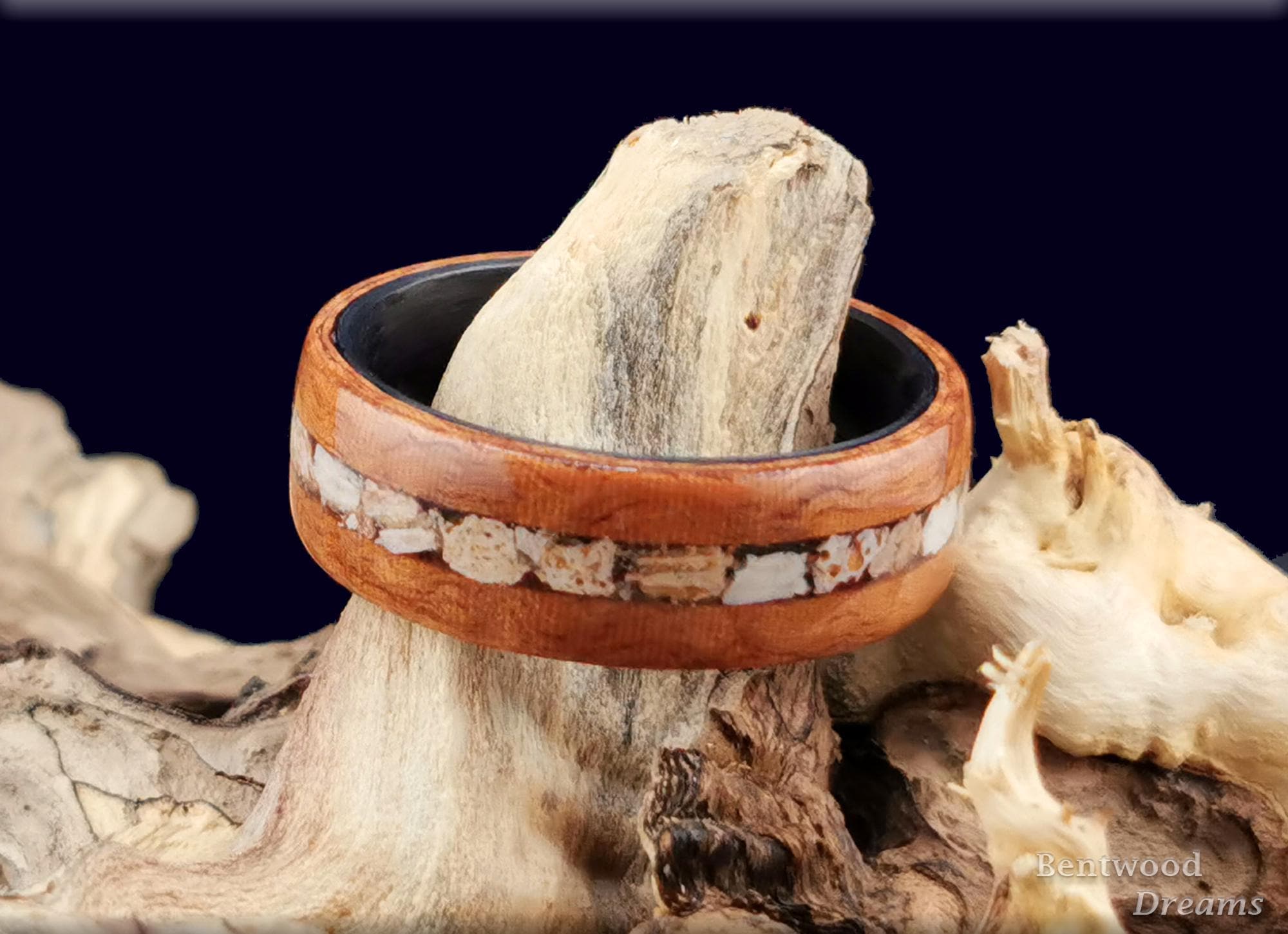 Bentwood Ring: Fiddleback Kotibe, inlaid Plesiosaurus Bone, Carbon Fiber core