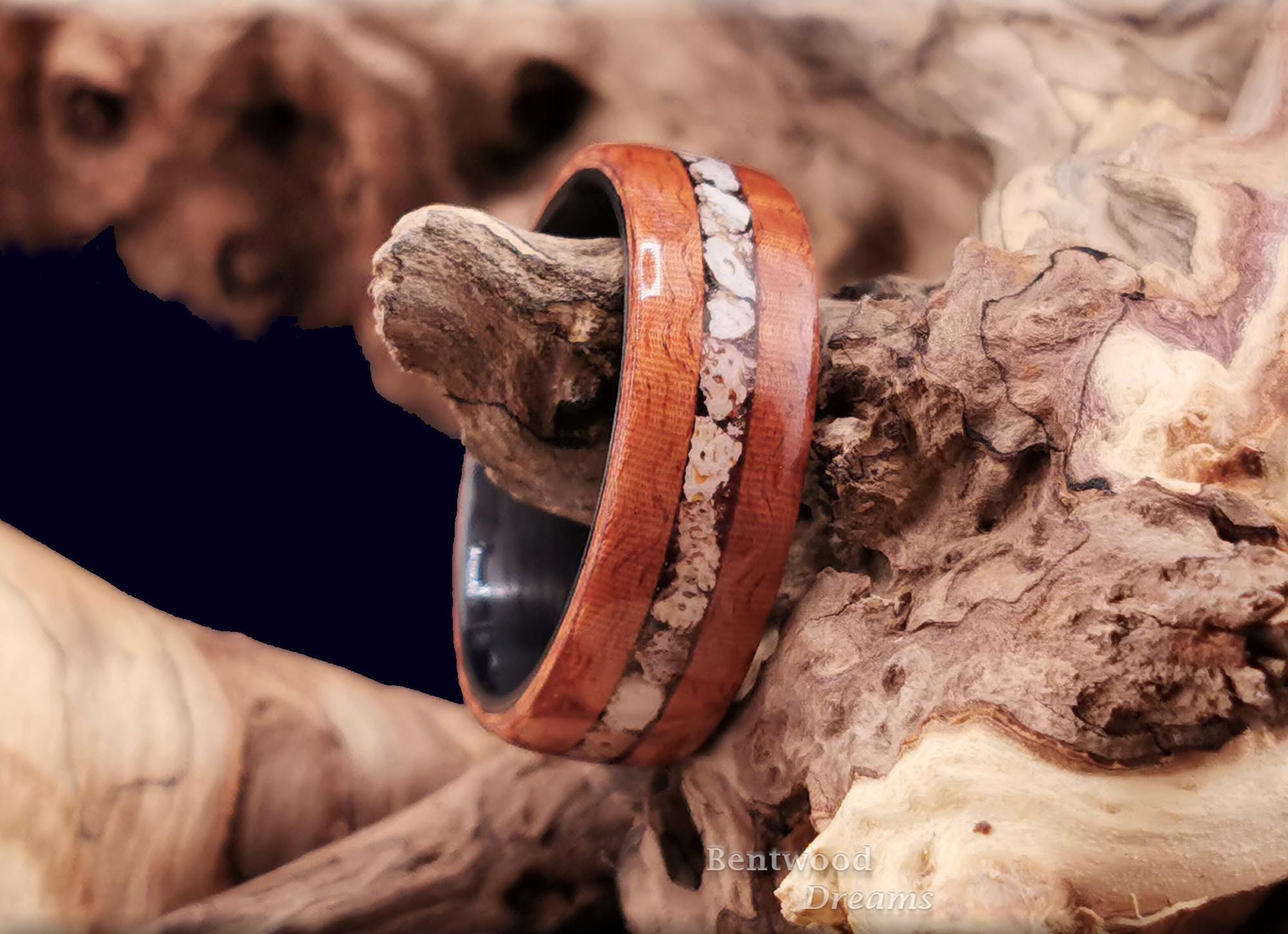 Bentwood Ring: Fiddleback Kotibe, inlaid Plesiosaurus Bone, Carbon Fiber core